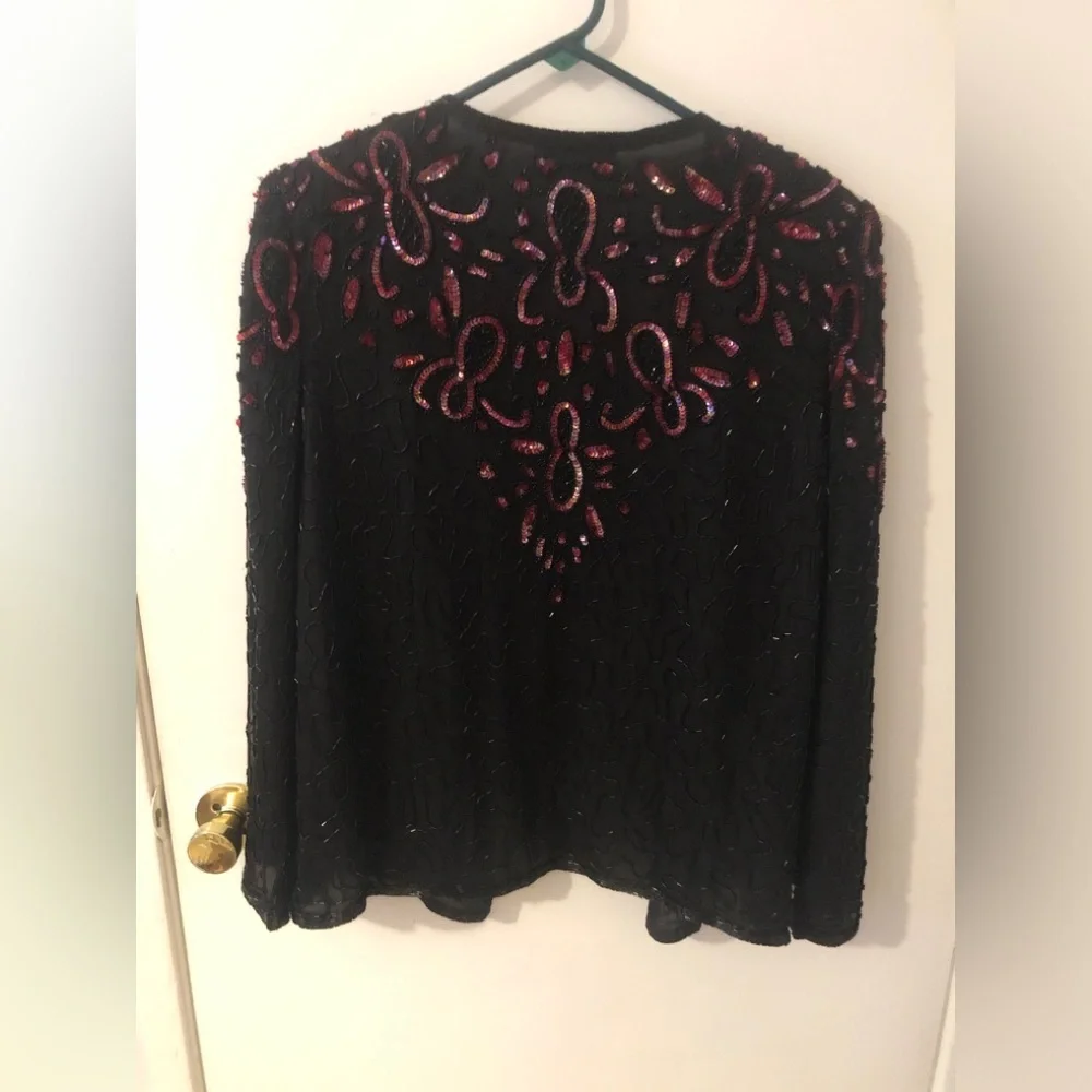 Vintage Black Beaded Open-Front Jacket with Pink Sequin Accents 80s retro glam L - Picture 5 of 16
